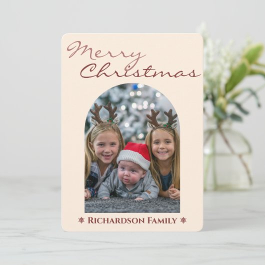 Moderne Roze Boog Foto Kerstmis Feestdagenkaart (Staand voorkant)