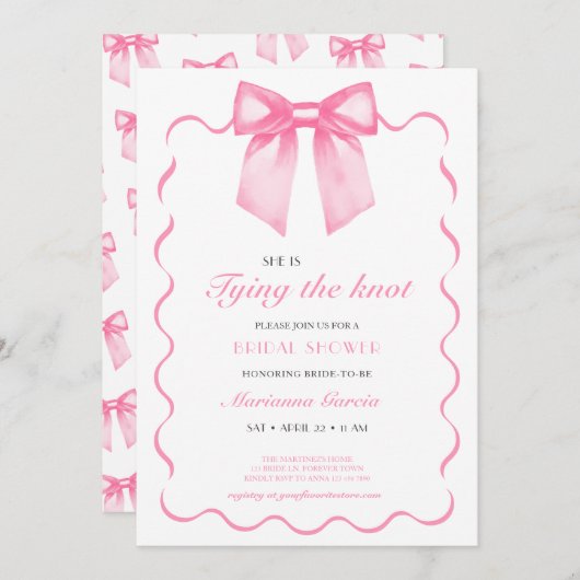 Moderne Roze Bow Bruids Douche Uitnodiging (Voorkant / Achterkant)