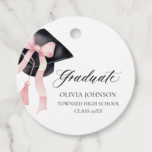 Moderne Roze Bow Coquette Graduation Cap Afstudere Bedankjes Labels (Voorkant)