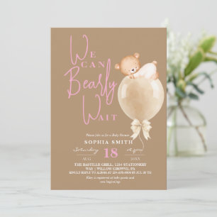 Moderne Roze Bruine Beer Ballon Baby Shower Kaart