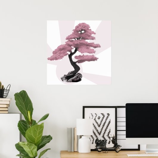 Moderne roze Cherry Tree Bonsai & Rising Sun Poster (Thuiskantoor)