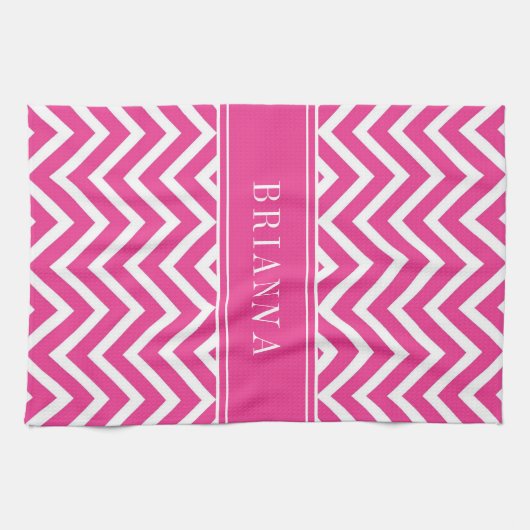 Moderne Roze Chevron Strepen Naam Theedoek (Horizontaal)