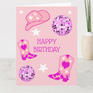 Moderne roze Disco Ball Cowgirl Pet Boots Birthday Kaart