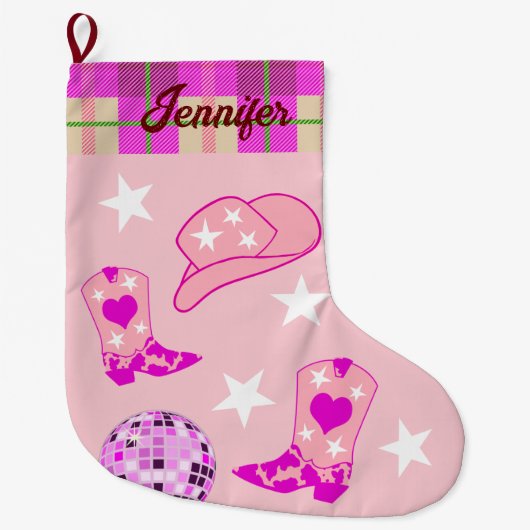 Moderne roze Disco Ball Cowgirl Pet Boots Grote Kerstsok (Voorkant)