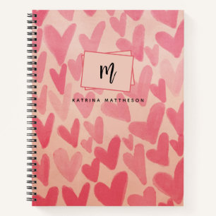 Moderne Roze Doodle Harten Monogram Notitieboek