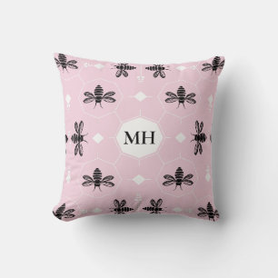 Moderne Roze Elegante Zwarte Bij Patroon Monogram Kussen