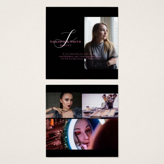 Moderne roze en achterzijde 4 Monogram fotoscript Vierkante Visitekaartjes (Voorkant /achterkant)