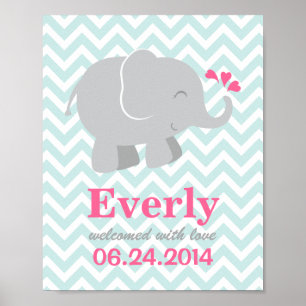 Moderne roze en Aqua Elephant Aangepast monogram Poster