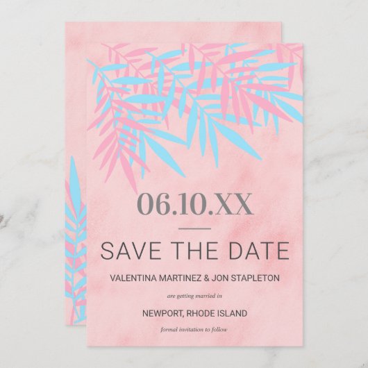 Moderne roze en blauwe palmboom - Trendy Save The Date (Voorkant / Achterkant)