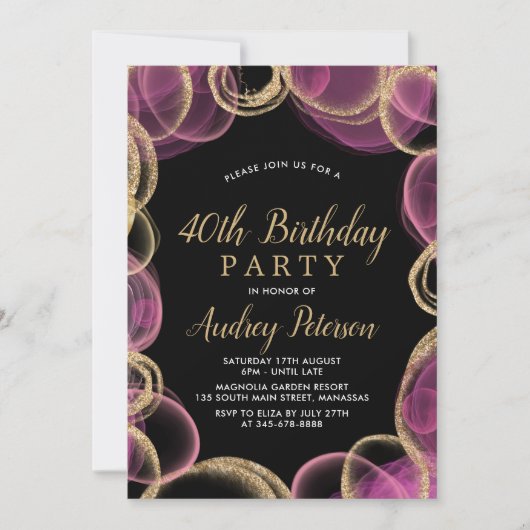 Moderne Roze en Gouden Cirkel Zwart 40e Verjaardag Kaart (Voorkant)
