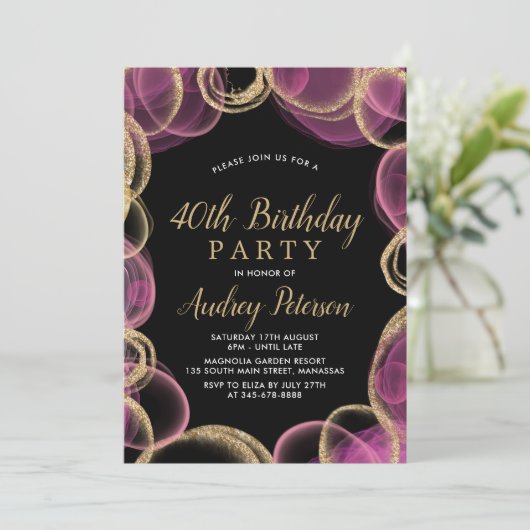 Moderne Roze en Gouden Cirkel Zwart 40e Verjaardag Kaart (Staand voorkant)