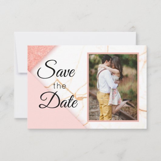 Moderne roze en goudglitter marmer save the date (Voorkant)