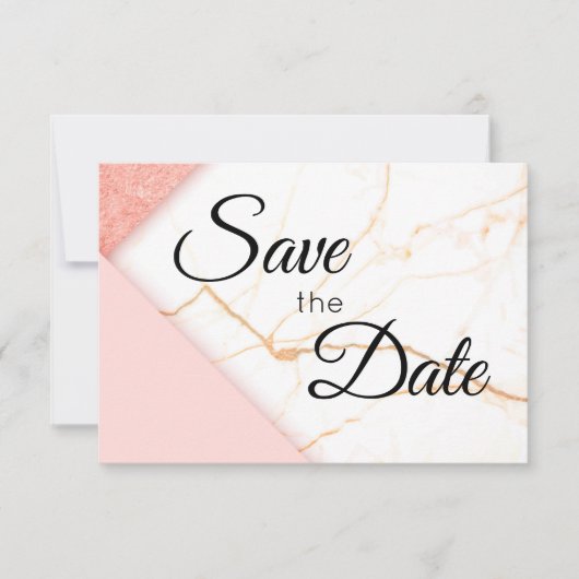 Moderne roze en goudglitter marmer save the date (Voorkant)