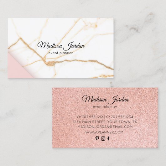 Moderne roze en goudmarmer visitekaartje (Voorkant / Achterkant)