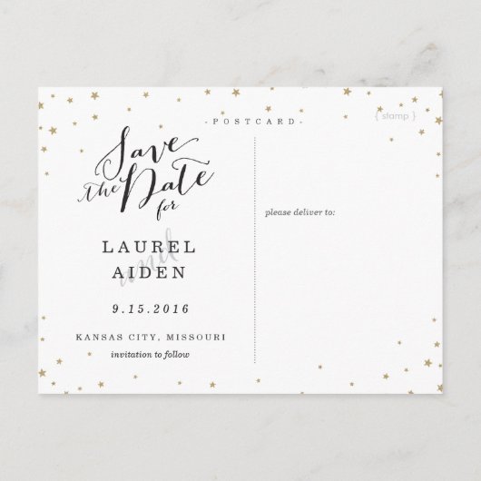 Moderne roze en goudsterren sparen de datum aankondigingskaart (Achterkant)