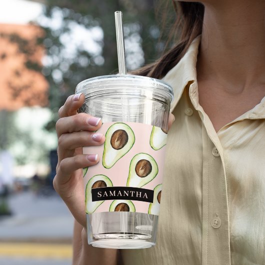 Moderne roze en groene Avocado-patroon met naam Acryl Drinkbeker