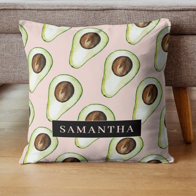 Moderne roze en groene Avocado-patroon met naam Kussen (Creator heeft geüpload)