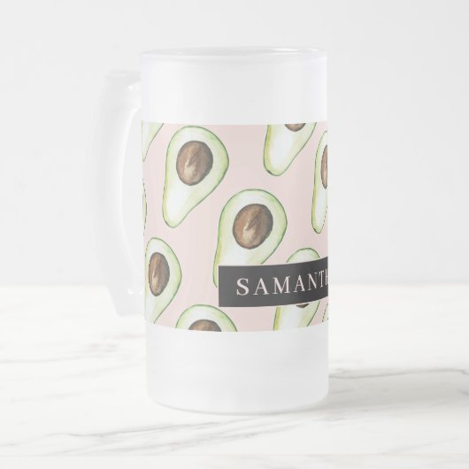 Moderne roze en groene Avocado-patroon met naam Matglas Bierpul (Voorkant links)