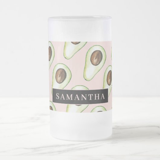 Moderne roze en groene Avocado-patroon met naam Matglas Bierpul (Center)