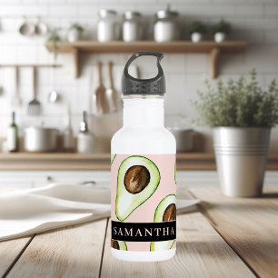 Moderne roze en groene Avocado-patroon met naam Waterfles