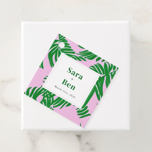 Moderne roze en groene palmbomen bedankjes labels (In situ)