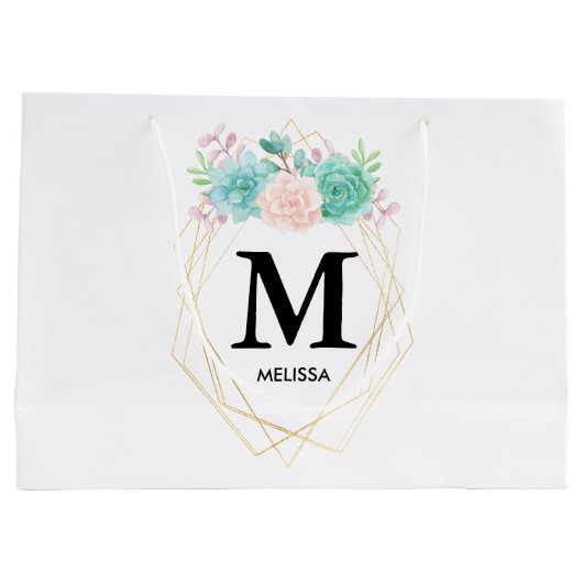 Moderne roze en groene Waterverf monogram Groot Cadeauzakje (Achterkant)