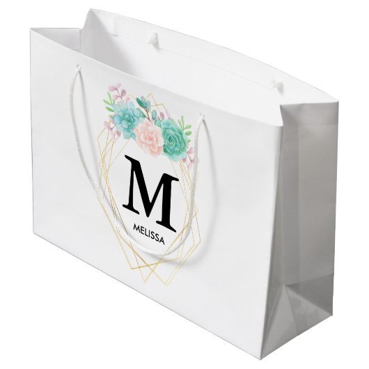 Moderne roze en groene Waterverf monogram Groot Cadeauzakje (Achterkant Gekanteld)