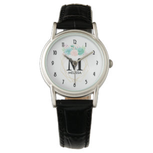 Moderne roze en groene Waterverf Succulent Monogra Horloge