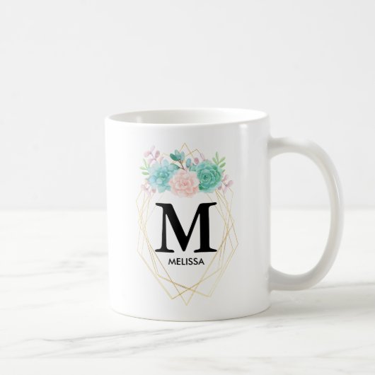 Moderne roze en groene Waterverf Succulent Monogra Koffiemok (Rechts)