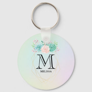 Moderne roze en groene Waterverf Succulent Monogra Sleutelhanger