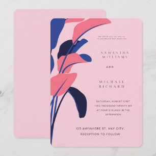 Moderne Roze en Marine Tropische Blad Trouw Uitnod Kaart