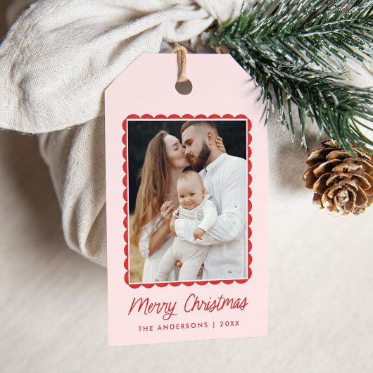 Moderne Roze en Rode geschulpte Lijsten vakantiefo Cadeaulabel