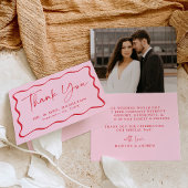 Moderne Roze en Rode Golvende Lijst Foto Bruiloft Bedankkaart