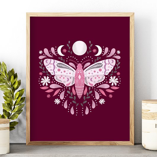 Moderne roze en witte Abstracte moth-illustratie Poster