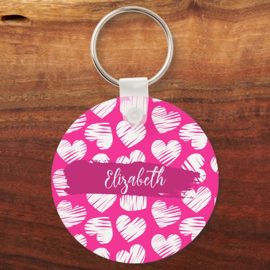 Moderne Roze en Witte Doodled Hart Valentijnsnaam Sleutelhanger (Achterkant)