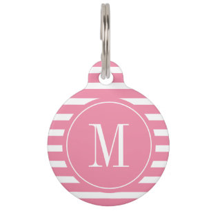 Moderne roze en witte streep met monogram huisdierpenning