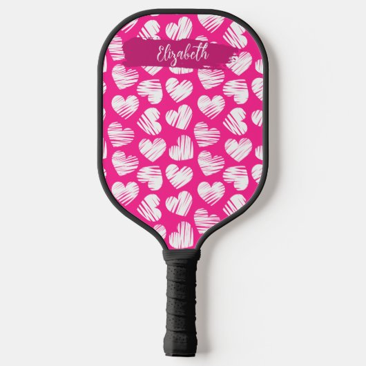 Moderne Roze en Witte Tekening Hart Valentijn Naam Pickleball Paddle (Achterkant)