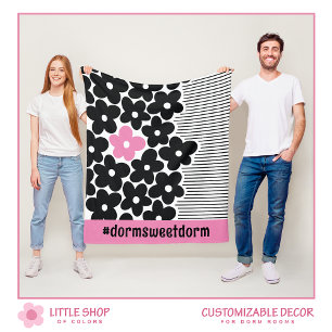 Moderne Roze en Zwarte Bloemen Dorm Kamer Fleece Deken