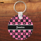 Moderne roze en zwarte ingecheckte harten met naam sleutelhanger (Voorkant)