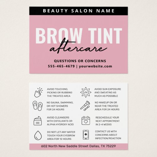 Moderne roze Eyebrow Tint Aftercare Kaart (Voorkant /achterkant)