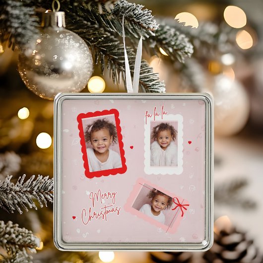 Moderne Roze “Fa La La” Multi Foto Kerstmis Metalen Ornament