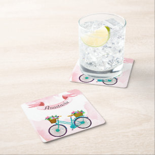 Moderne roze fiets vierkante kartonnen onderzetter