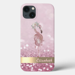 Moderne Roze Flamingo Bloem Glitter Bokeh iPhone 13 Hoesje