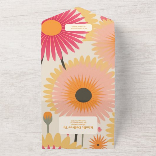 Moderne Roze & Gele Retro Bloemenbruiloft All In One Uitnodiging (Buitenkant)