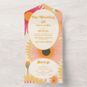 Moderne Roze & Gele Retro Bloemenbruiloft All In One Uitnodiging (Binnen)