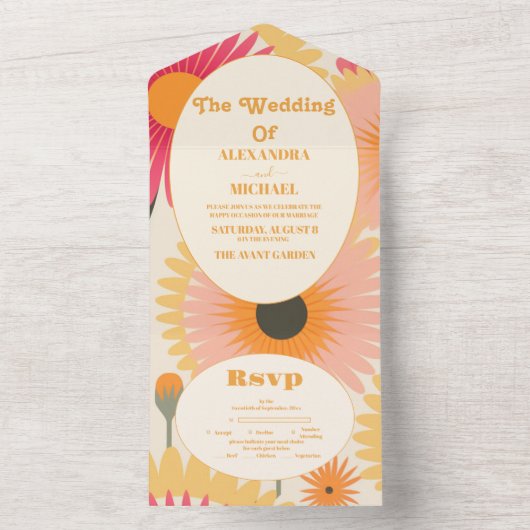 Moderne Roze & Gele Retro Bloemenbruiloft All In One Uitnodiging (Binnen)