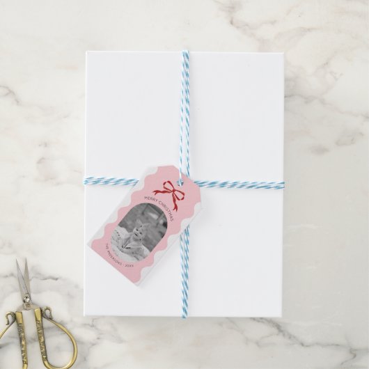 Moderne Roze Gescalpeerde Rode Boog Kerstfoto Cadeaulabel (Met Touw)