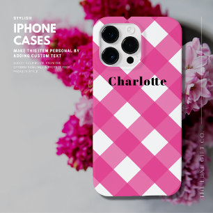 Moderne roze Gingham iPhone Case met Naam