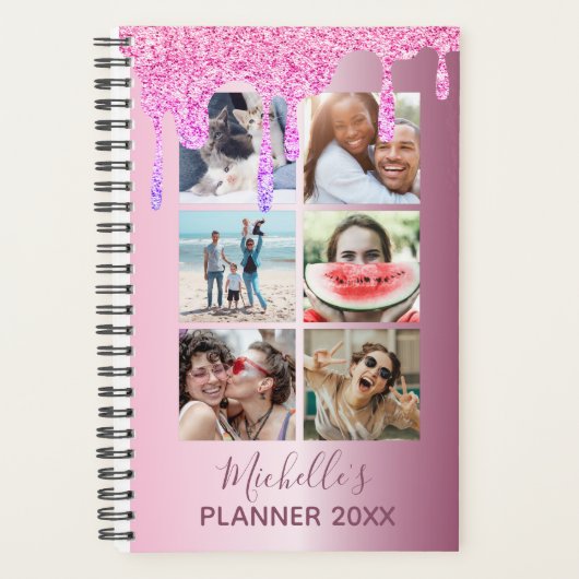 Moderne Roze Glitter Druppelt Fotocollage Dagelijk Planner (Voorkant)