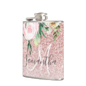 Moderne roze glitter en bloemen met naam heupfles (Links)